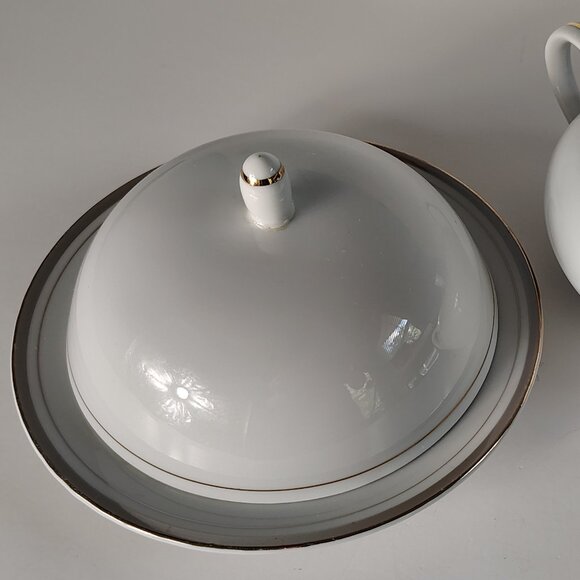 Golden Elegance Round Covered Butter Plate | by Royalton | White with Gold Bands - Picture 1 of 6